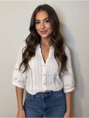 Devoted White Lace-Trim Button Front Blouse